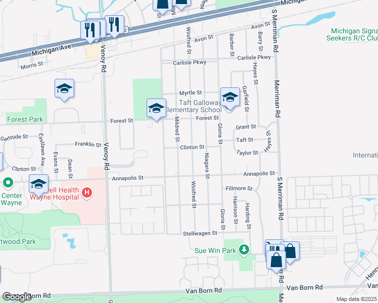 map of restaurants, bars, coffee shops, grocery stores, and more near 4428 Winifred Street in Wayne