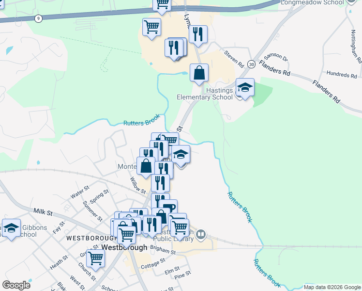 map of restaurants, bars, coffee shops, grocery stores, and more near 6 Baker Way in Westborough