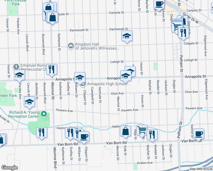 map of restaurants, bars, coffee shops, grocery stores, and more near 4808 Harding Street in Dearborn Heights