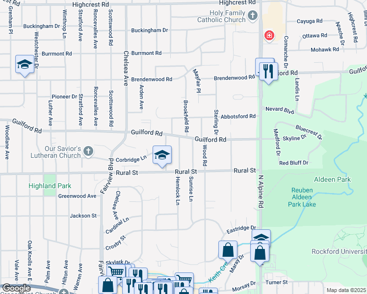 map of restaurants, bars, coffee shops, grocery stores, and more near 822 Sunrise Lane in Rockford