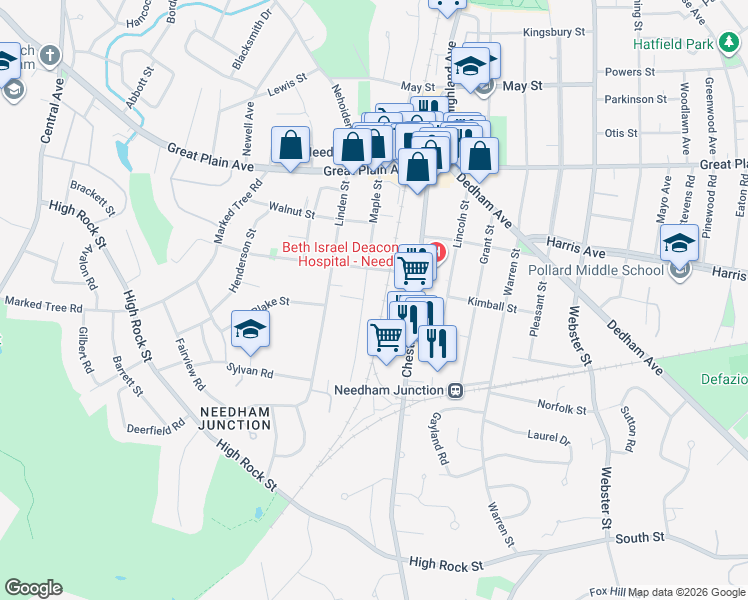 map of restaurants, bars, coffee shops, grocery stores, and more near 124 Maple Street in Needham