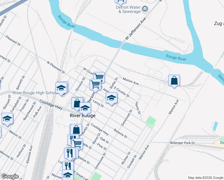 map of restaurants, bars, coffee shops, grocery stores, and more near 121 Burke Street in River Rouge