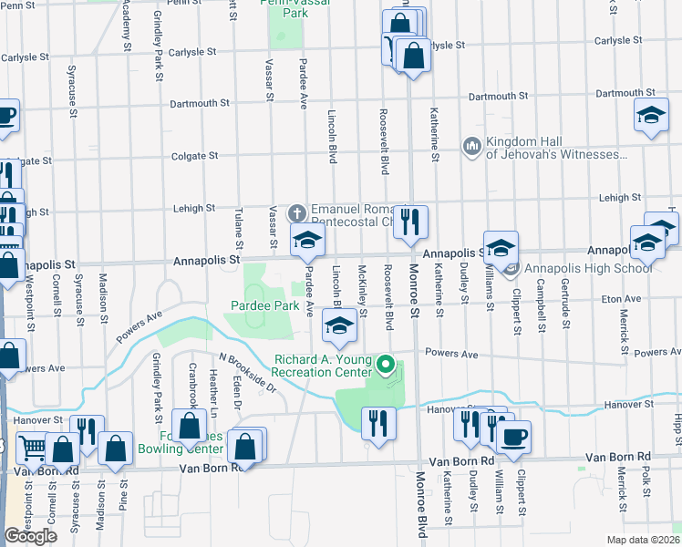 map of restaurants, bars, coffee shops, grocery stores, and more near 4649 Lincoln Boulevard in Dearborn Heights