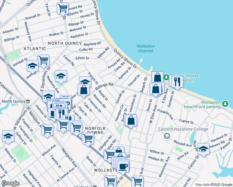 map of restaurants, bars, coffee shops, grocery stores, and more near 31 Calumet Street in Quincy