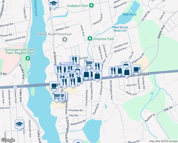 map of restaurants, bars, coffee shops, grocery stores, and more near 193 Boston Turnpike in Shrewsbury