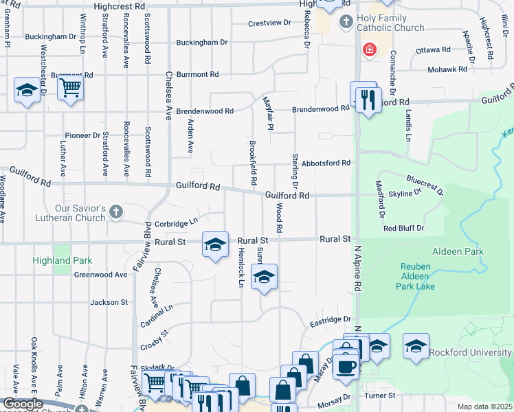 map of restaurants, bars, coffee shops, grocery stores, and more near 822 Sunrise Lane in Rockford