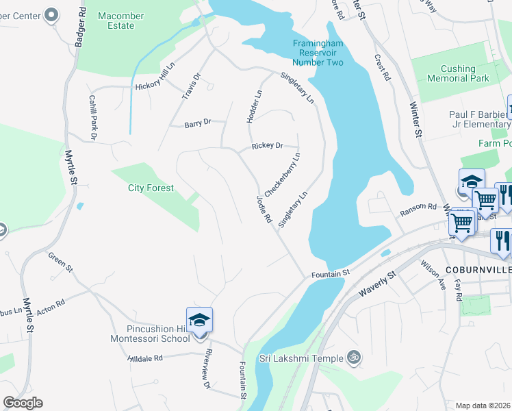 map of restaurants, bars, coffee shops, grocery stores, and more near 24 Duggan Drive in Framingham