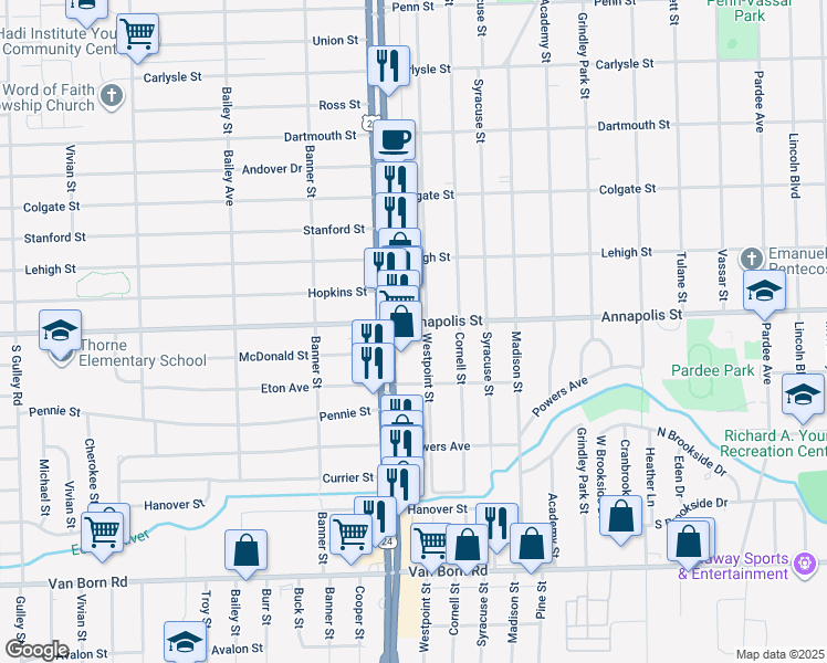 map of restaurants, bars, coffee shops, grocery stores, and more near 23921 Annapolis Street in Dearborn Heights