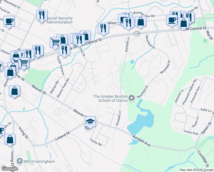 map of restaurants, bars, coffee shops, grocery stores, and more near 7 Village Hill Lane in Natick
