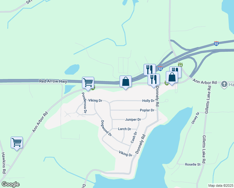 map of restaurants, bars, coffee shops, grocery stores, and more near 5775 Ann Arbor Road in Jackson