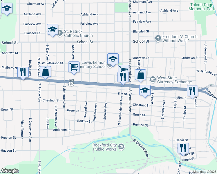 map of restaurants, bars, coffee shops, grocery stores, and more near 1920 West State Street in Rockford