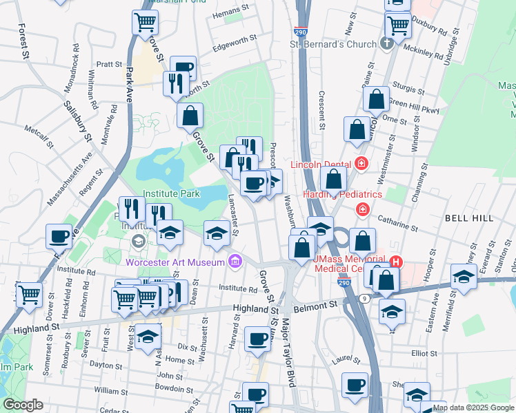 map of restaurants, bars, coffee shops, grocery stores, and more near 100 Grove Street in Worcester