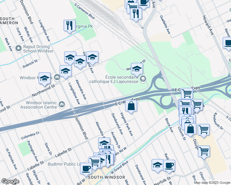 map of restaurants, bars, coffee shops, grocery stores, and more near 2630 Virginia Park Avenue in Windsor
