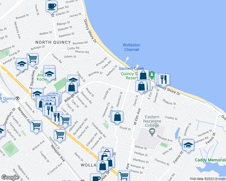 map of restaurants, bars, coffee shops, grocery stores, and more near 117A Vassall St in Quincy