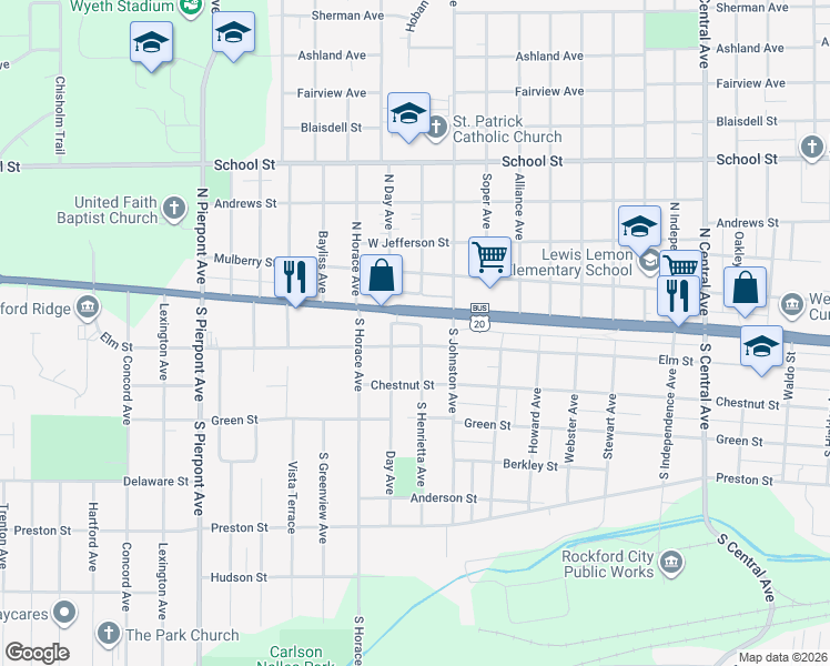 map of restaurants, bars, coffee shops, grocery stores, and more near 119 South Henrietta Avenue in Rockford