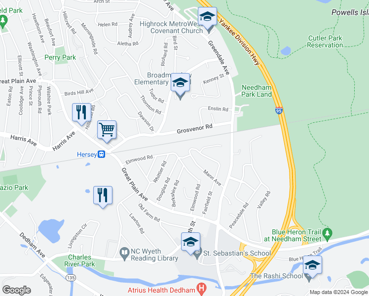 map of restaurants, bars, coffee shops, grocery stores, and more near 169 Fairfield Street in Needham
