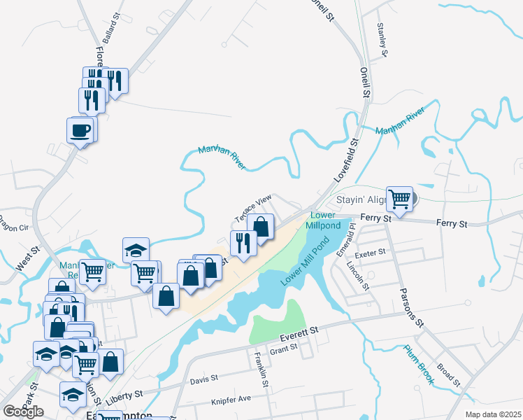 map of restaurants, bars, coffee shops, grocery stores, and more near 18-20 Arlington Street in Easthampton