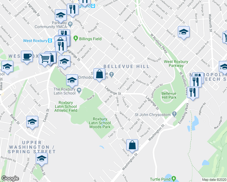 map of restaurants, bars, coffee shops, grocery stores, and more near 195 Lagrange Street in Boston