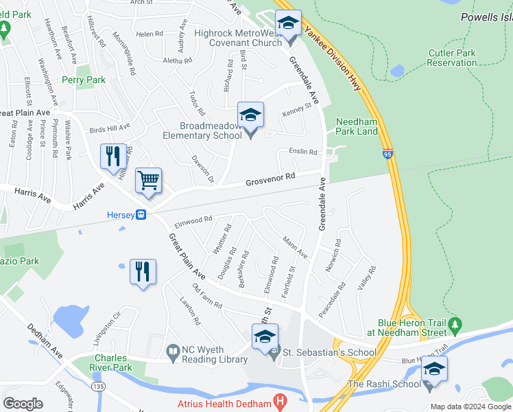 map of restaurants, bars, coffee shops, grocery stores, and more near 169 Fairfield Street in Needham
