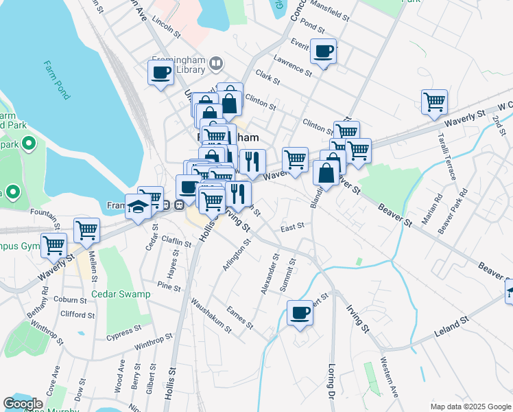 map of restaurants, bars, coffee shops, grocery stores, and more near 35 South Street in Framingham