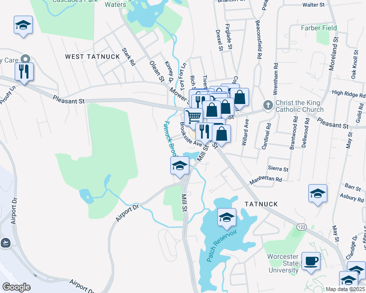 map of restaurants, bars, coffee shops, grocery stores, and more near 20 Brookside Avenue in Worcester