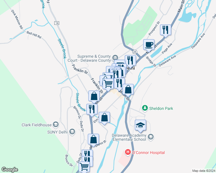 map of restaurants, bars, coffee shops, grocery stores, and more near 68 Main St in Delhi