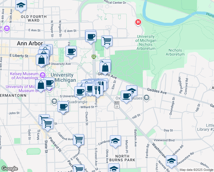 map of restaurants, bars, coffee shops, grocery stores, and more near 510 Mack Road in Ann Arbor