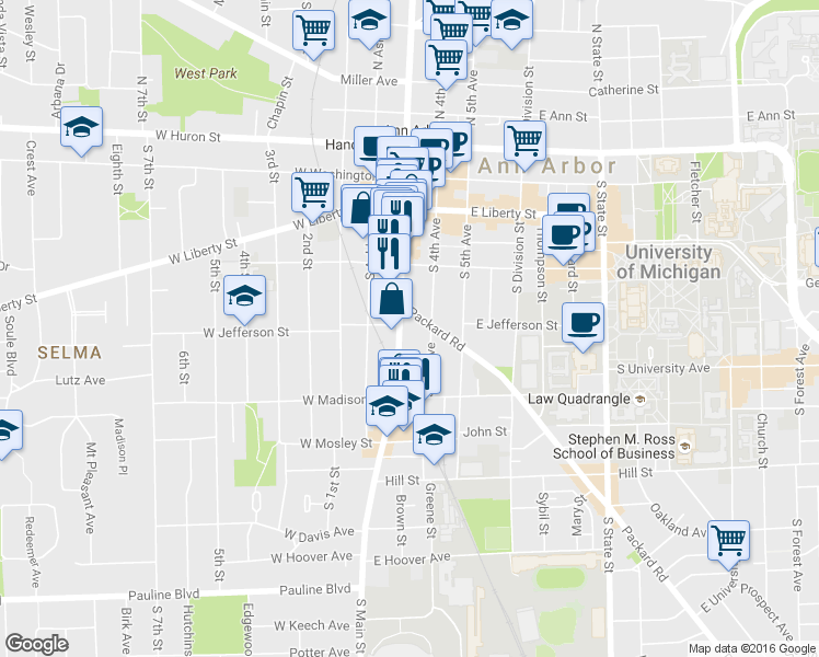 map of restaurants, bars, coffee shops, grocery stores, and more near 120 Packard Street in Ann Arbor