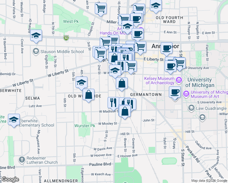 map of restaurants, bars, coffee shops, grocery stores, and more near 307 South 1st Street in Ann Arbor