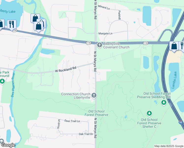 map of restaurants, bars, coffee shops, grocery stores, and more near 381 South Saint Marys Road in Libertyville