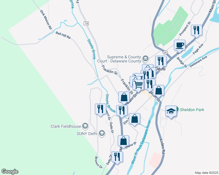 map of restaurants, bars, coffee shops, grocery stores, and more near 26 Clinton St in Delhi