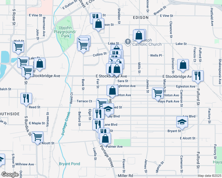 map of restaurants, bars, coffee shops, grocery stores, and more near 1510 Portage Street in Kalamazoo