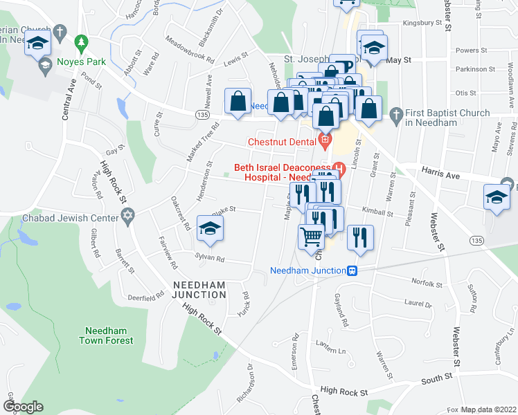 map of restaurants, bars, coffee shops, grocery stores, and more near 117 Linden Street in Needham