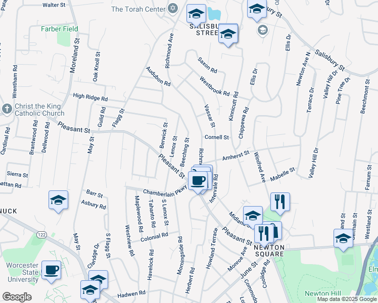 map of restaurants, bars, coffee shops, grocery stores, and more near 20 Beeching Street in Worcester