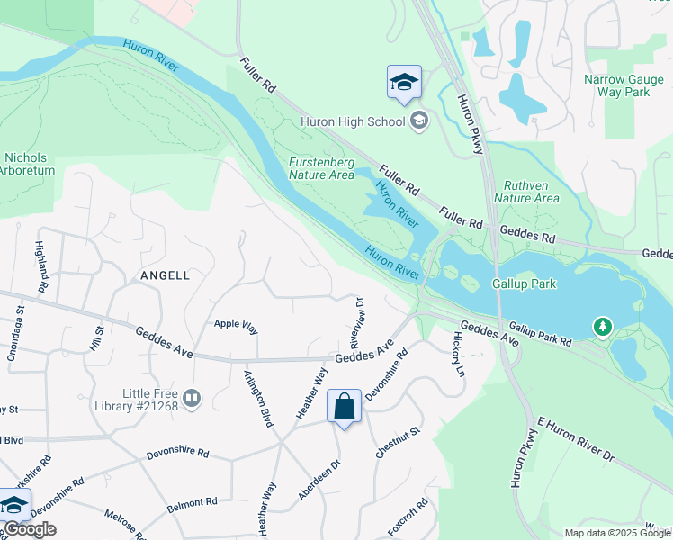 map of restaurants, bars, coffee shops, grocery stores, and more near 415 Riverview Drive in Ann Arbor