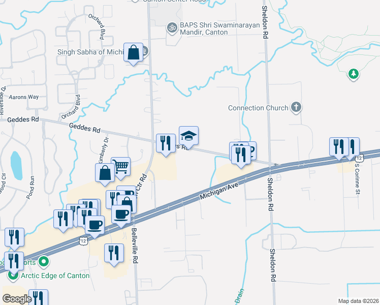 map of restaurants, bars, coffee shops, grocery stores, and more near 45081 Geddes Road in Canton