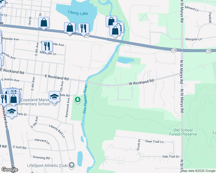 map of restaurants, bars, coffee shops, grocery stores, and more near 15575 Rockland Road in Libertyville