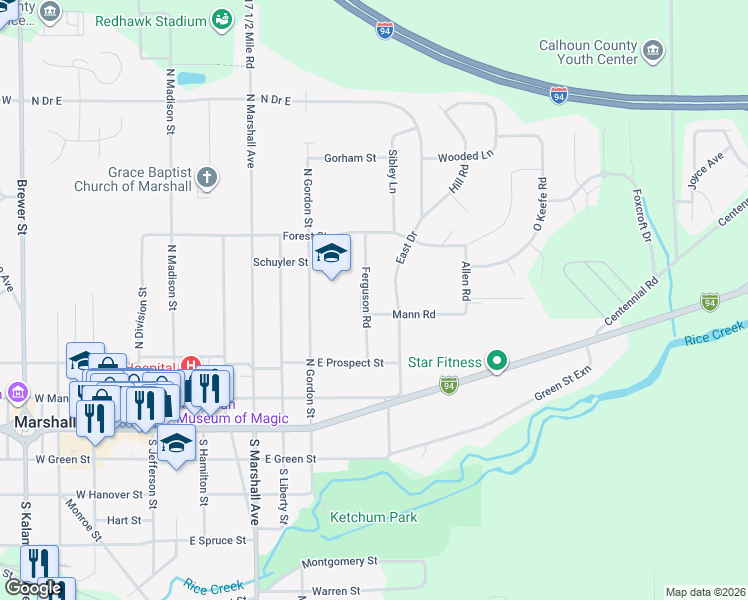 map of restaurants, bars, coffee shops, grocery stores, and more near 406 Ferguson Road in Marshall