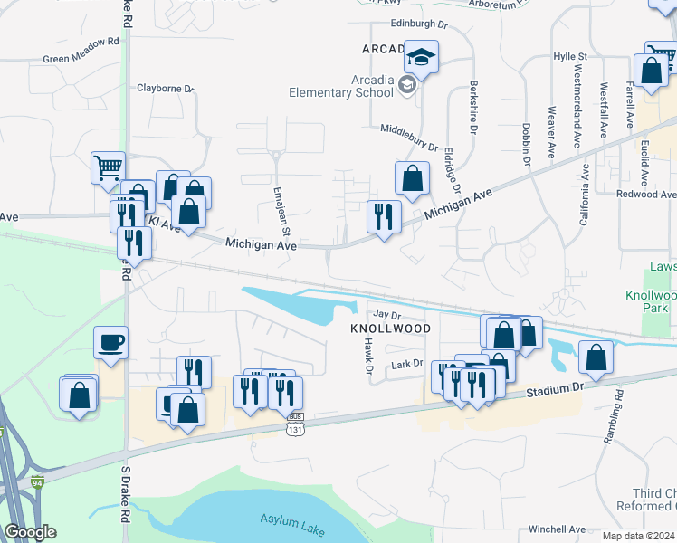 map of restaurants, bars, coffee shops, grocery stores, and more near 3920 Pine Terrace Boulevard in Kalamazoo