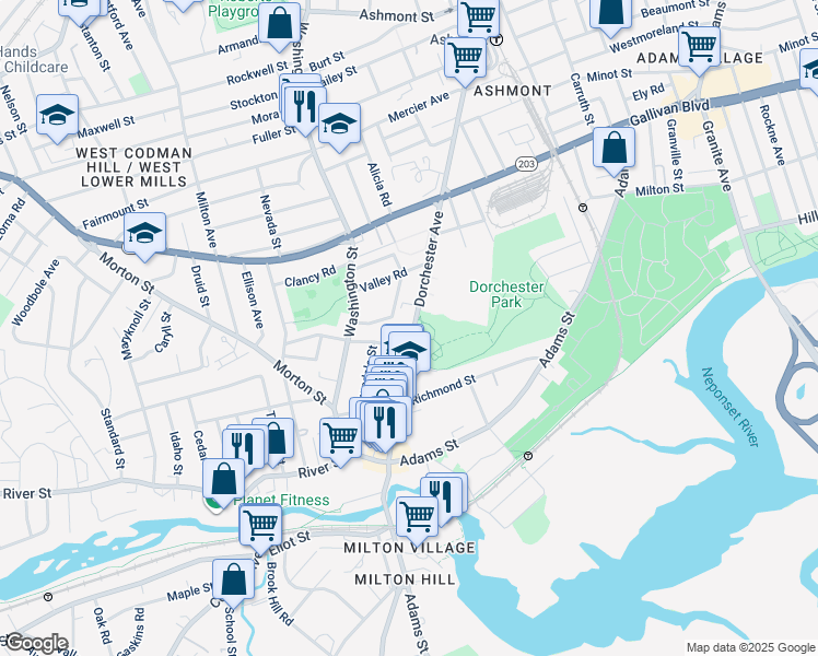 map of restaurants, bars, coffee shops, grocery stores, and more near 2183 Dorchester Avenue in Boston