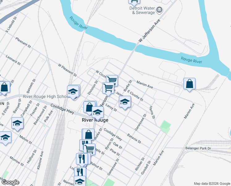 map of restaurants, bars, coffee shops, grocery stores, and more near 16 East James Street in River Rouge