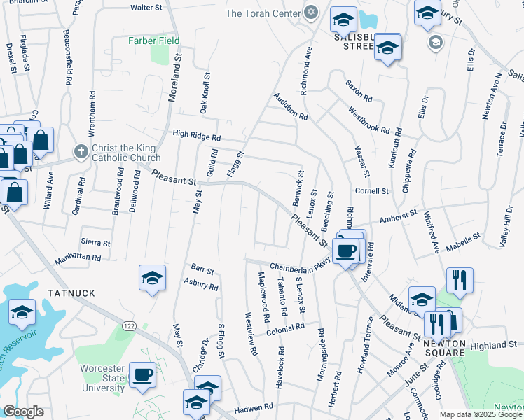 map of restaurants, bars, coffee shops, grocery stores, and more near 7 Kenilworth Road in Worcester