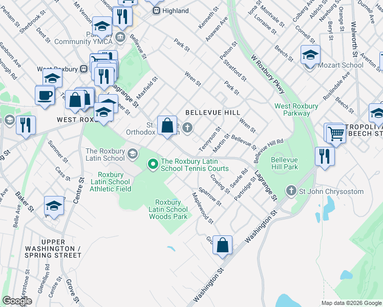 map of restaurants, bars, coffee shops, grocery stores, and more near 199 Lagrange Street in Boston