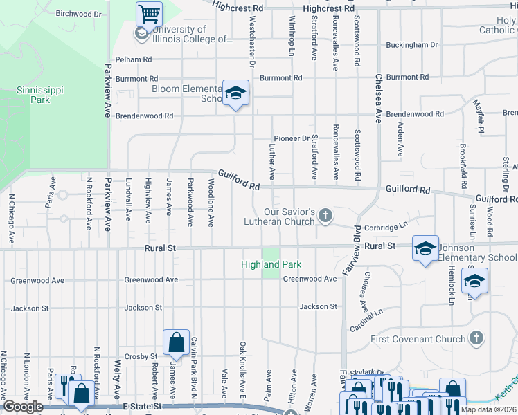 map of restaurants, bars, coffee shops, grocery stores, and more near 804 Roland Avenue in Rockford