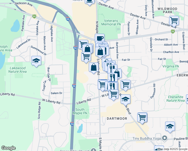 map of restaurants, bars, coffee shops, grocery stores, and more near 530 South Maple Road in Ann Arbor