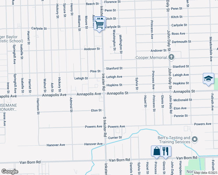 map of restaurants, bars, coffee shops, grocery stores, and more near 27333 Hopkins Street in Inkster