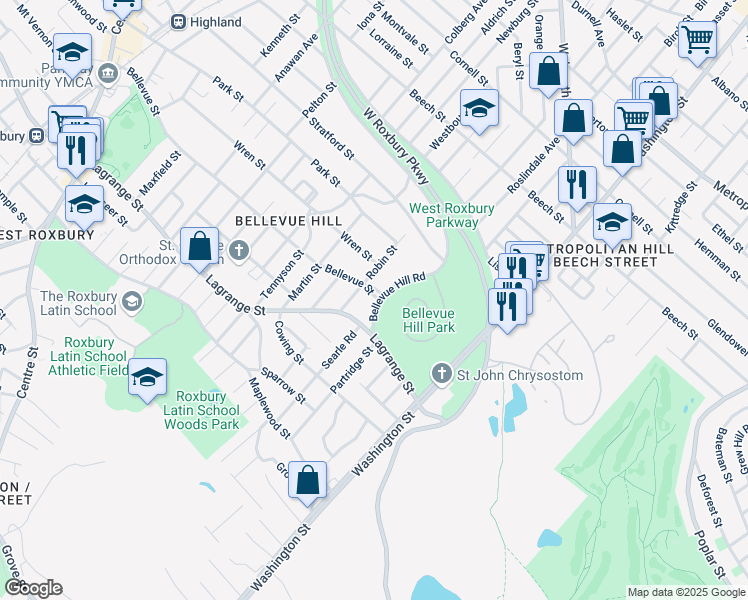 map of restaurants, bars, coffee shops, grocery stores, and more near 89 Bellevue Hill Road in Boston