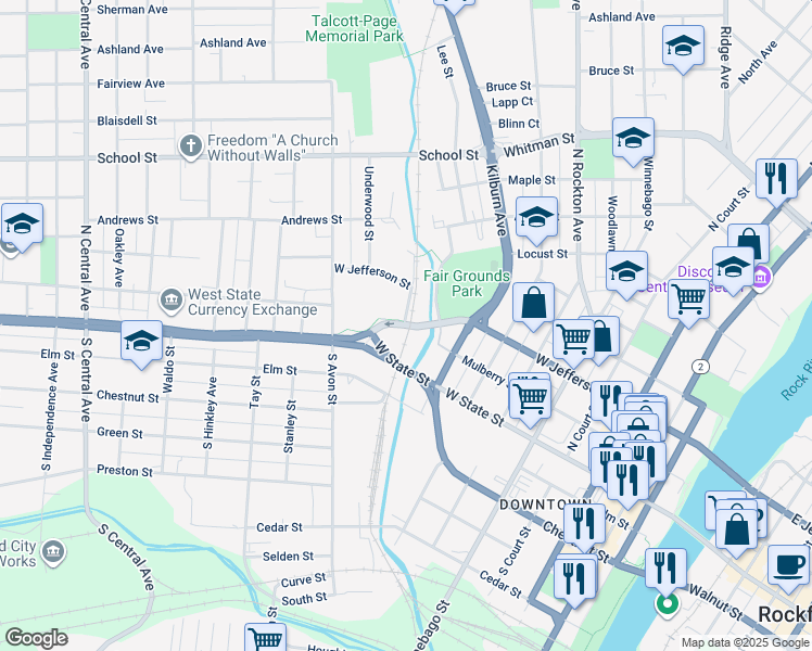 map of restaurants, bars, coffee shops, grocery stores, and more near West Jefferson Street in Rockford