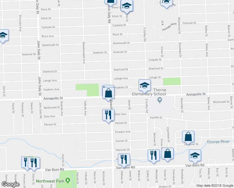 map of restaurants, bars, coffee shops, grocery stores, and more near 25730 Annapolis Street in Dearborn Heights