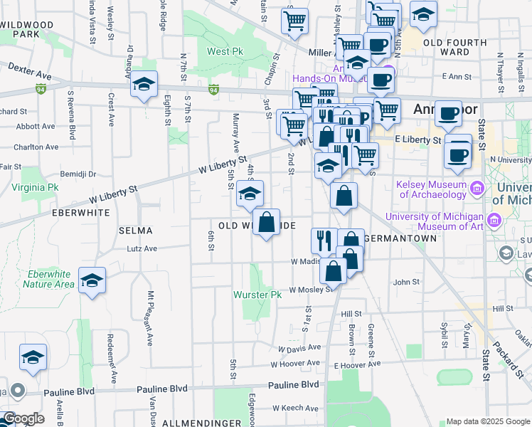 map of restaurants, bars, coffee shops, grocery stores, and more near 500 West Jefferson Street in Ann Arbor